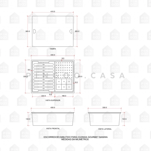 Calha Úmida para Cozinha Gourmet Escorredor Embutida Aço Inox 304 Baniwa 43x33 cm Prata