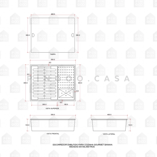 Calha Úmida para Cozinha Gourmet Escorredor Embutida Aço Inox 304 Baniwa 50x40 cm Prata