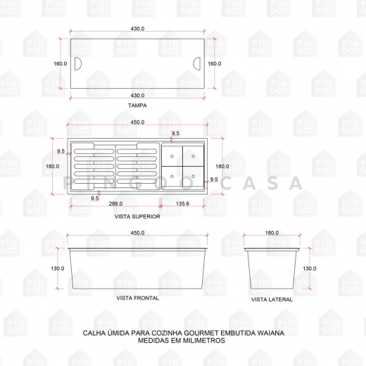 Canal Calha Úmida para Cozinha Gourmet Escorredor Embutida Aço Inox 304 Waiana 45x18 cm Prata