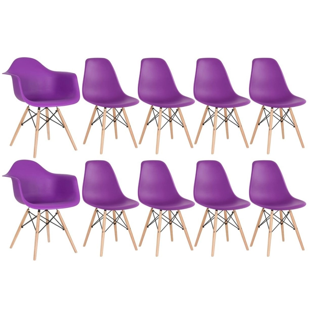 Conjunto 2 x cadeiras Eames Daw com braços + 8 cadeiras Eiffel Dsw - Roxo Conjunto 2 x cadeiras Eames Daw com braços + 8 cadeiras Eiffel Dsw - Roxo