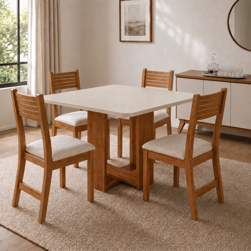 Conjunto Sala de Jantar Mesa Quadrada Marselha com 4 Cadeiras Estofadas Nice Laráz Conjunto Sala de Jantar Mesa Quadrada Marselha com 4 Cadeiras Estofadas Nice Laráz