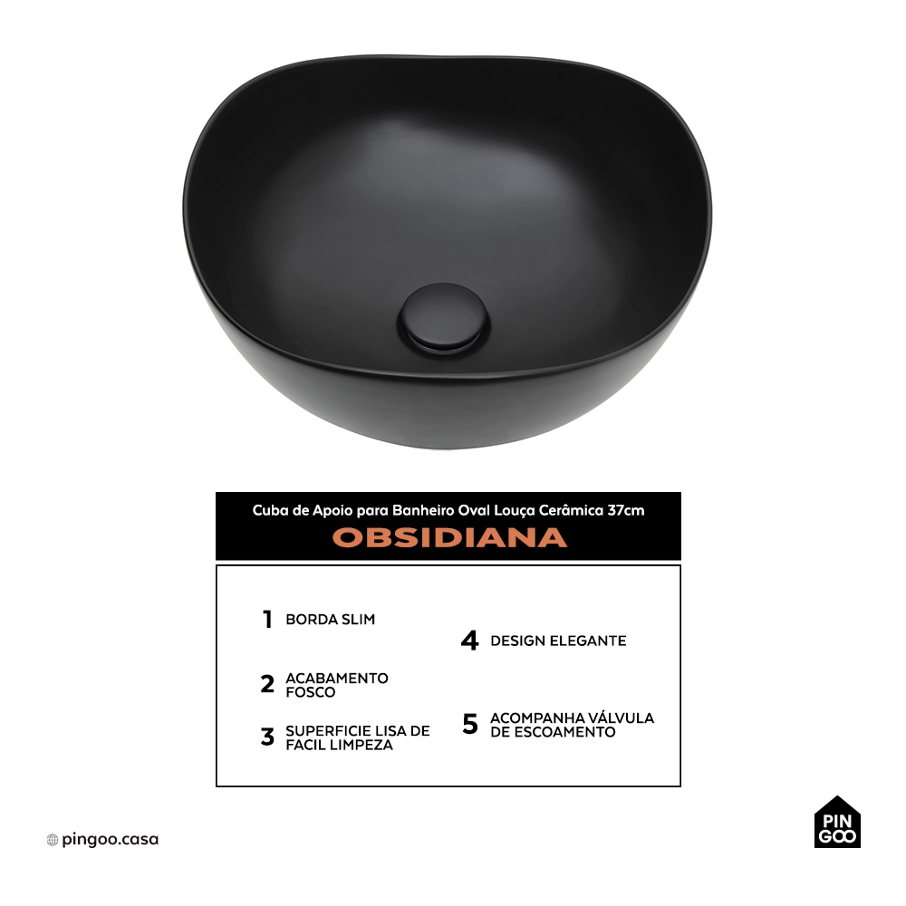 Cuba de Apoio para Banheiro Oval Louça Cerâmica 37cm Obsidiana - Preto