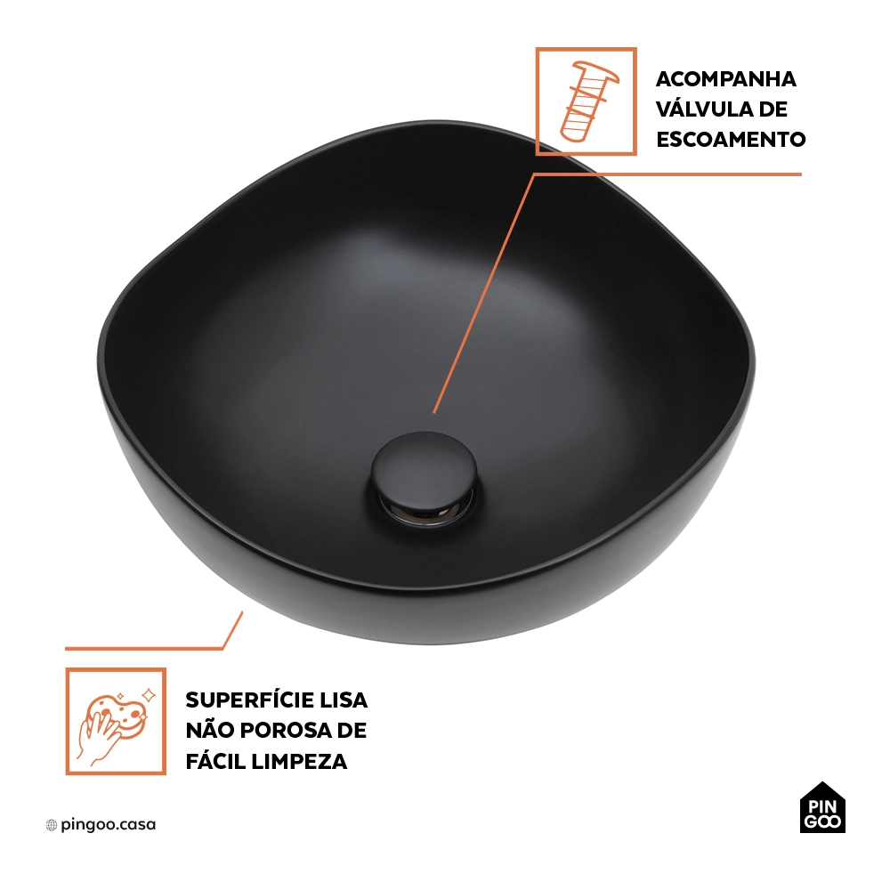 Cuba de Apoio para Banheiro Oval Louça Cerâmica 37cm Obsidiana - Preto