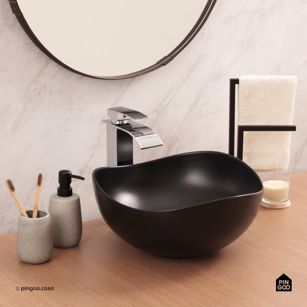 Cuba de Apoio para Banheiro Oval Louça Cerâmica 37cm Obsidiana - Preto