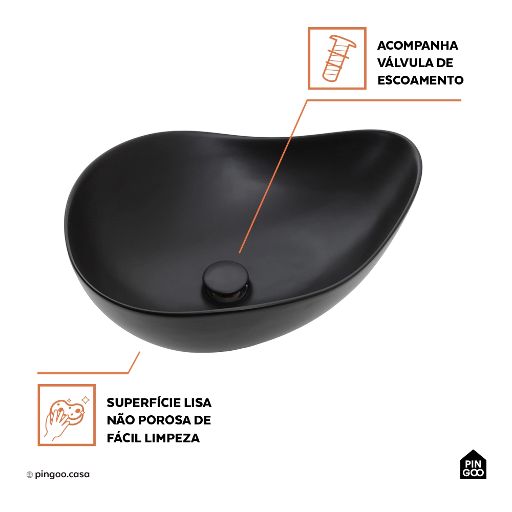 Cuba de Apoio para Banheiro Oval Louça Cerâmica 51cm Obsidiana - Preto