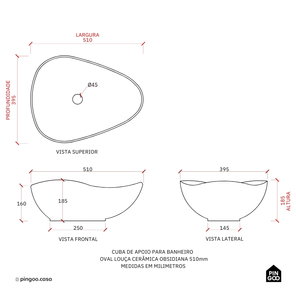 Cuba de Apoio para Banheiro Oval Louça Cerâmica 51cm Obsidiana - Preto