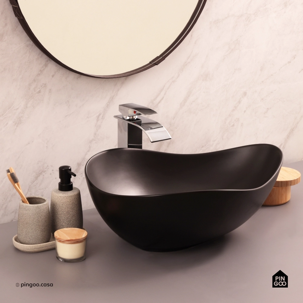 Cuba de Apoio para Banheiro Oval Louça Cerâmica 51cm Obsidiana - Preto