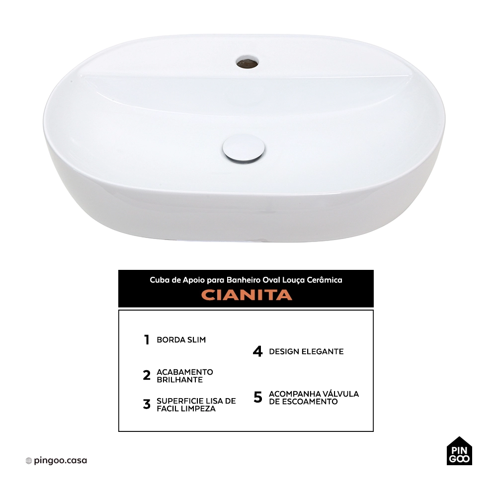 Cuba de Apoio para Banheiro Oval Louça Cerâmica Cianita - Branco