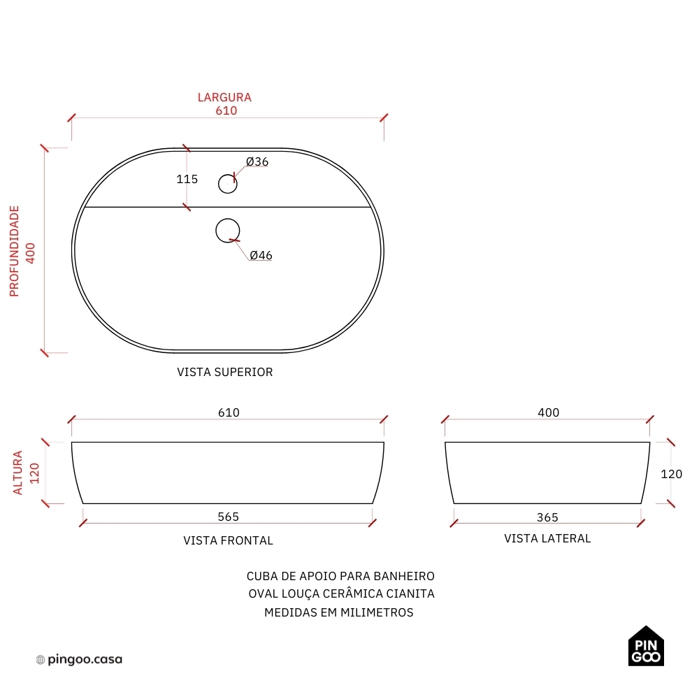 Cuba de Apoio para Banheiro Oval Louça Cerâmica Cianita - Branco