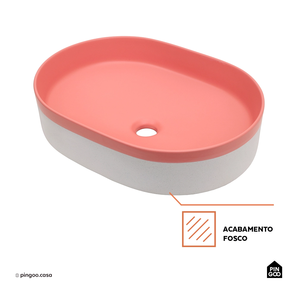 Cuba de Apoio para Banheiro Oval Louça Cerâmica Coral - Rosa e Branco