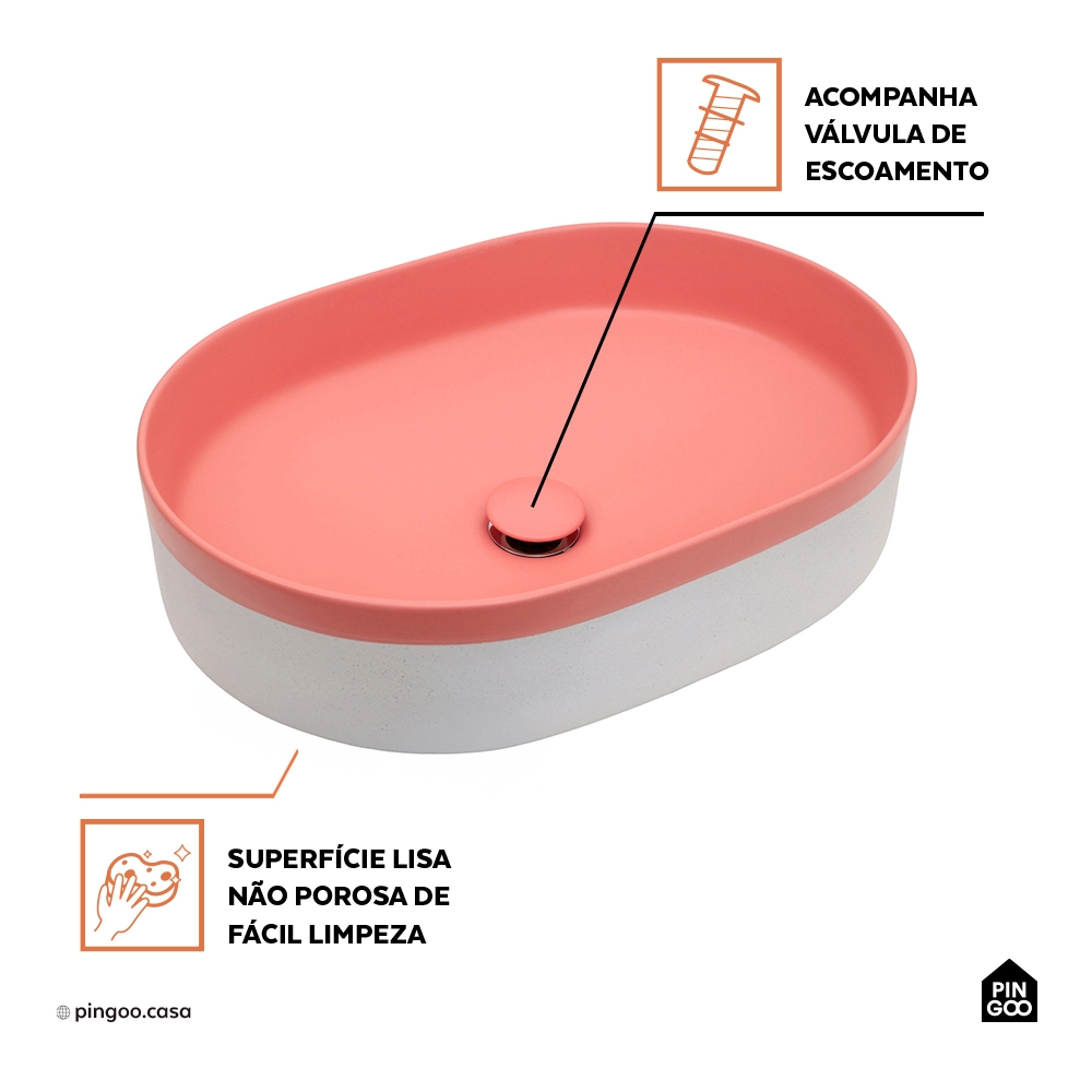 Cuba de Apoio para Banheiro Oval Louça Cerâmica Coral - Rosa e Branco