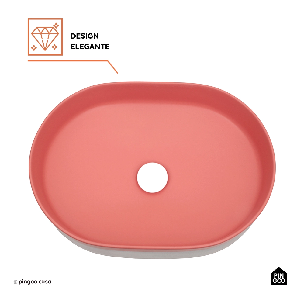 Cuba de Apoio para Banheiro Oval Louça Cerâmica Coral - Rosa e Branco
