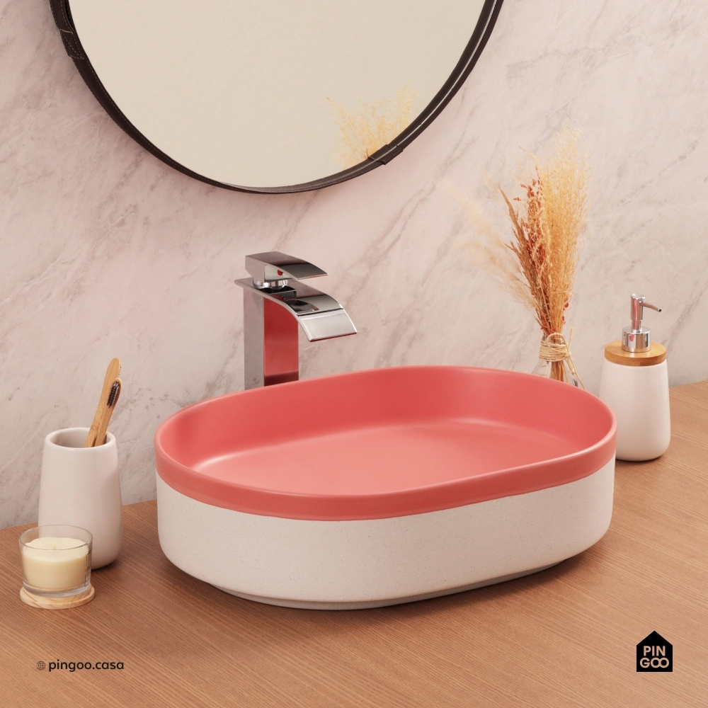 Cuba de Apoio para Banheiro Oval Louça Cerâmica Coral - Rosa e Branco