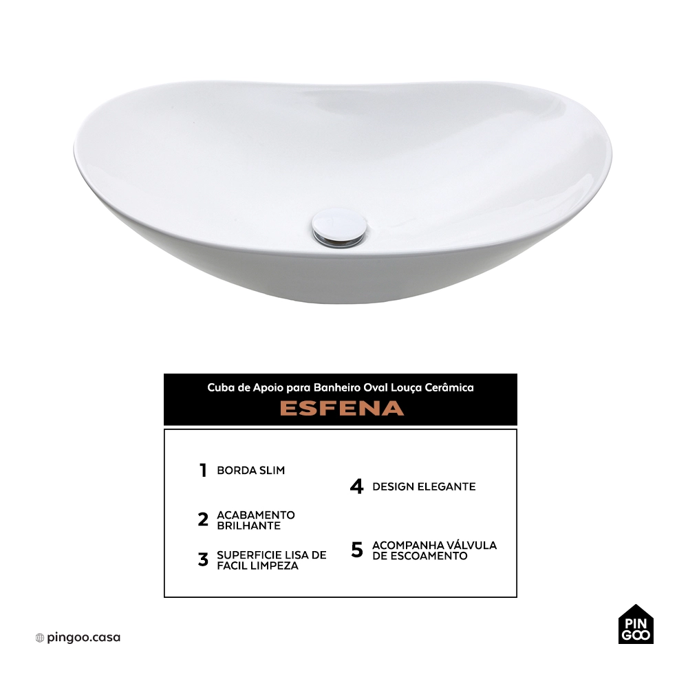 Cuba de Apoio para Banheiro Oval Louça Cerâmica Esfena - Branco