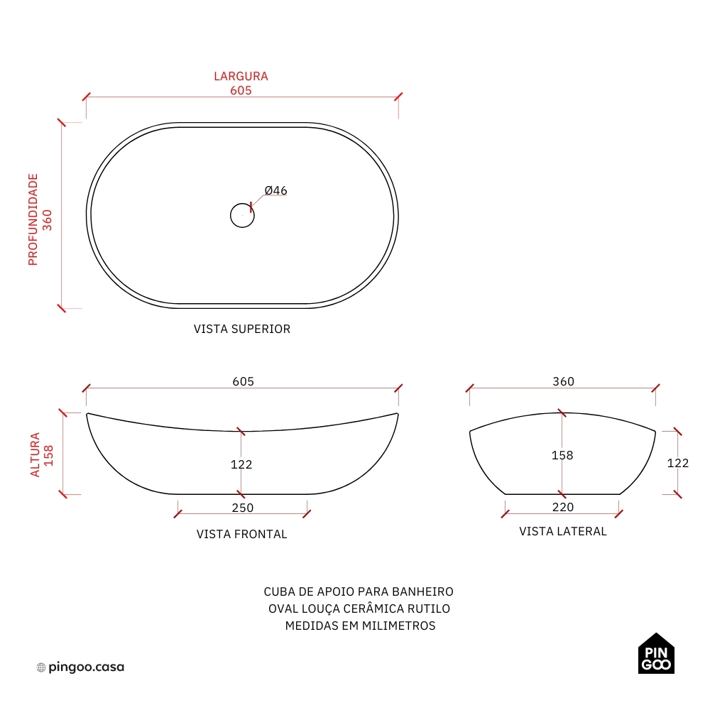 Cuba de Apoio para Banheiro Oval Louça Cerâmica Esfena - Branco
