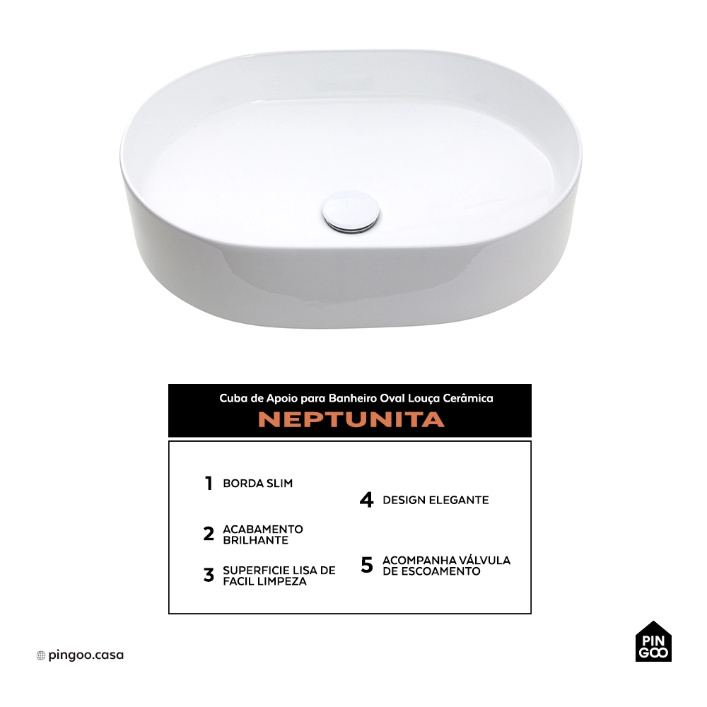 Cuba de Apoio para Banheiro Oval Louça Cerâmica Neptunita - Branco