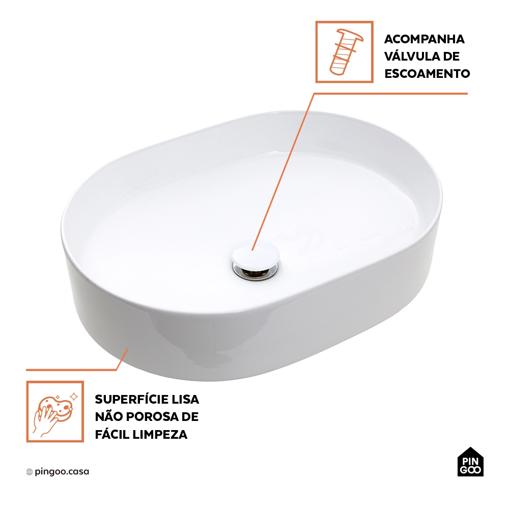 Cuba de Apoio para Banheiro Oval Louça Cerâmica Neptunita - Branco