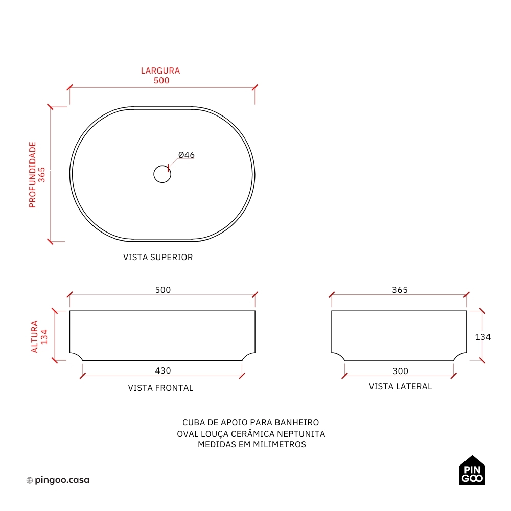Cuba de Apoio para Banheiro Oval Louça Cerâmica Neptunita - Branco