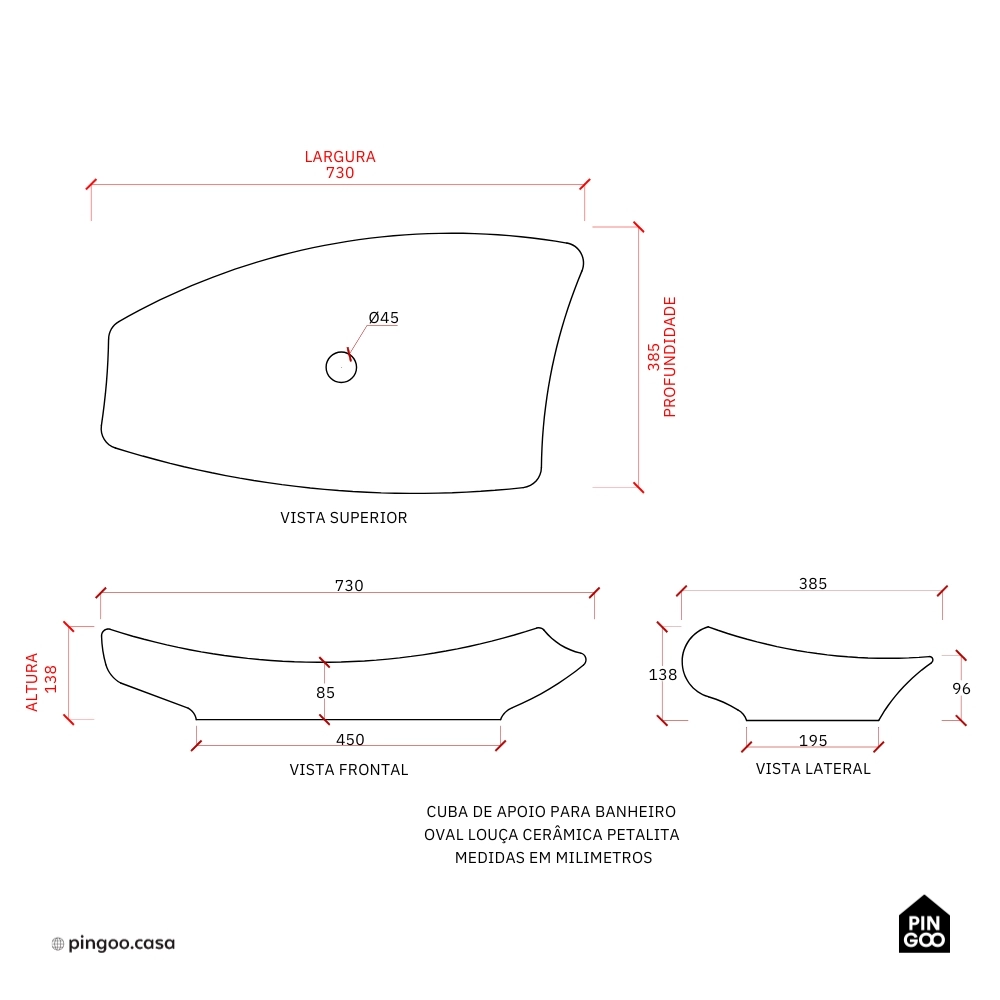 Cuba de Apoio para Banheiro Oval Louça Cerâmica Petalita - Branco