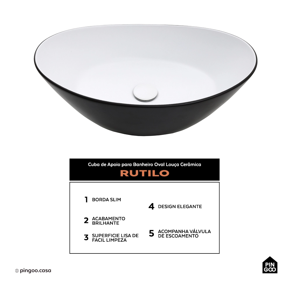 Cuba de Apoio para Banheiro Oval Louça Cerâmica Rutilo - Branco e Preto