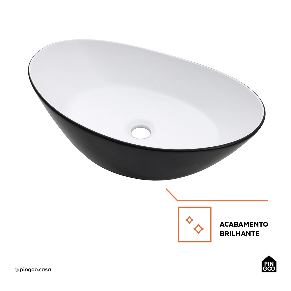 Cuba de Apoio para Banheiro Oval Louça Cerâmica Rutilo - Branco e Preto