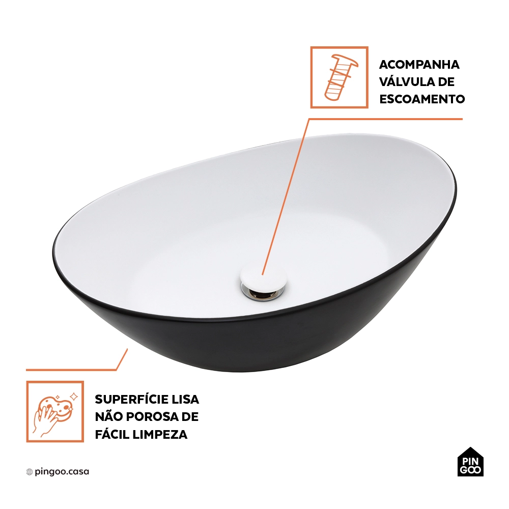 Cuba de Apoio para Banheiro Oval Louça Cerâmica Rutilo - Branco e Preto