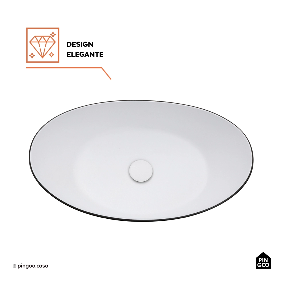 Cuba de Apoio para Banheiro Oval Louça Cerâmica Rutilo - Branco e Preto