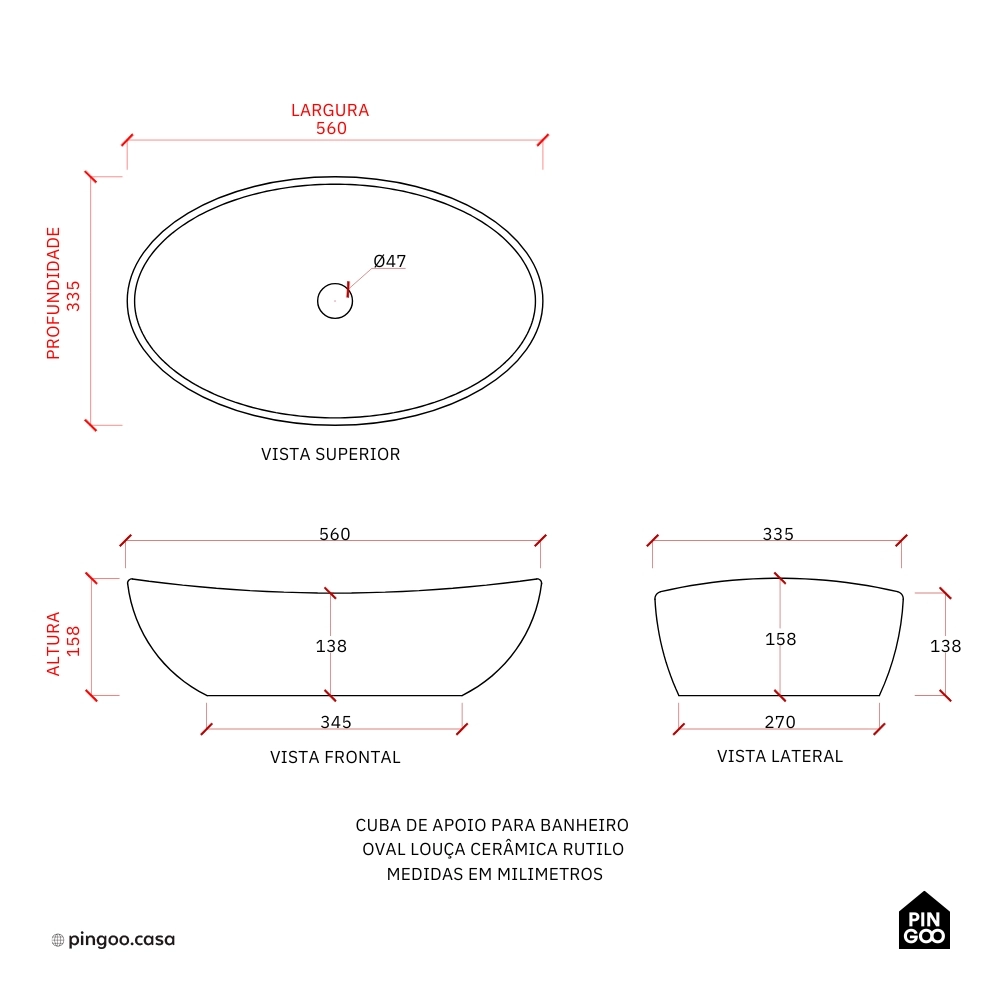 Cuba de Apoio para Banheiro Oval Louça Cerâmica Rutilo - Branco e Preto