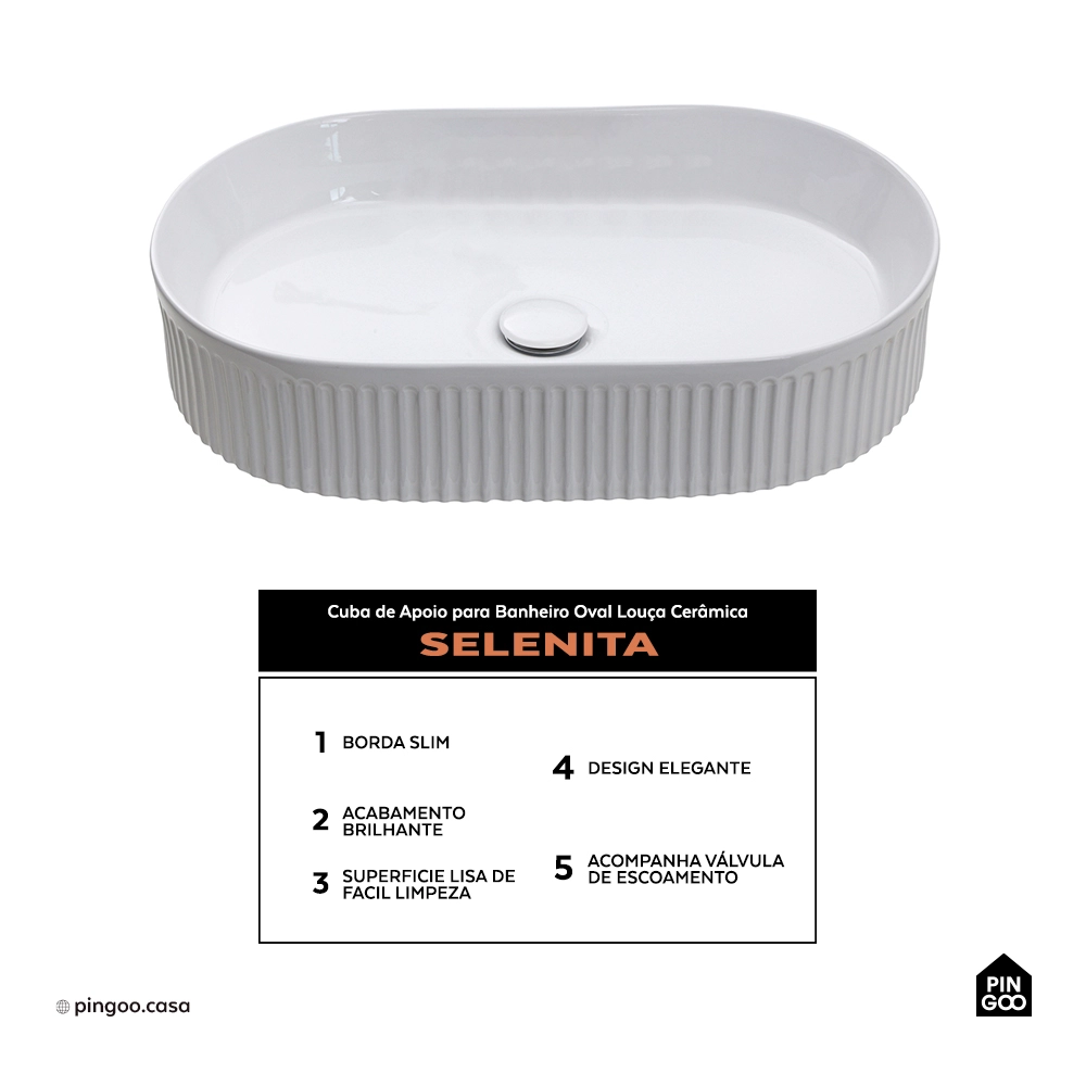 Cuba de Apoio para Banheiro Oval Louça Cerâmica Selenita - Branco