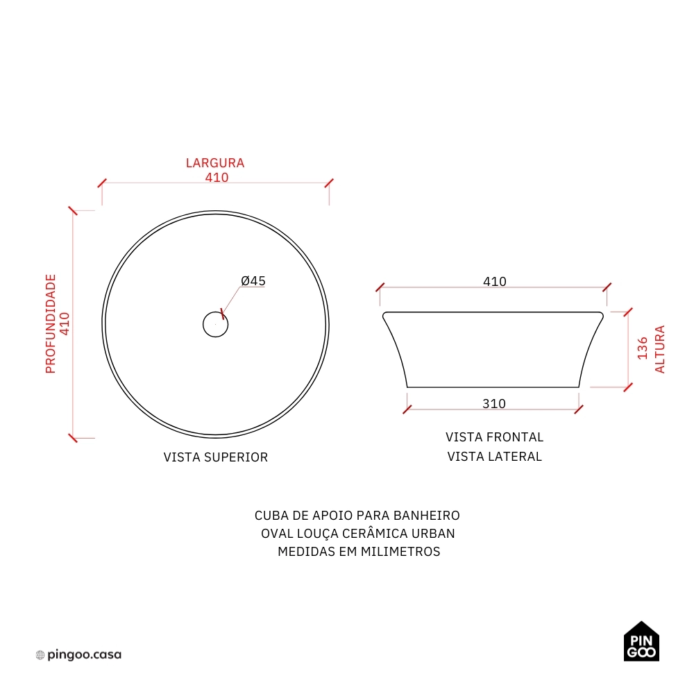 Cuba de Apoio para Banheiro Oval Louça Cerâmica Urban - Branco