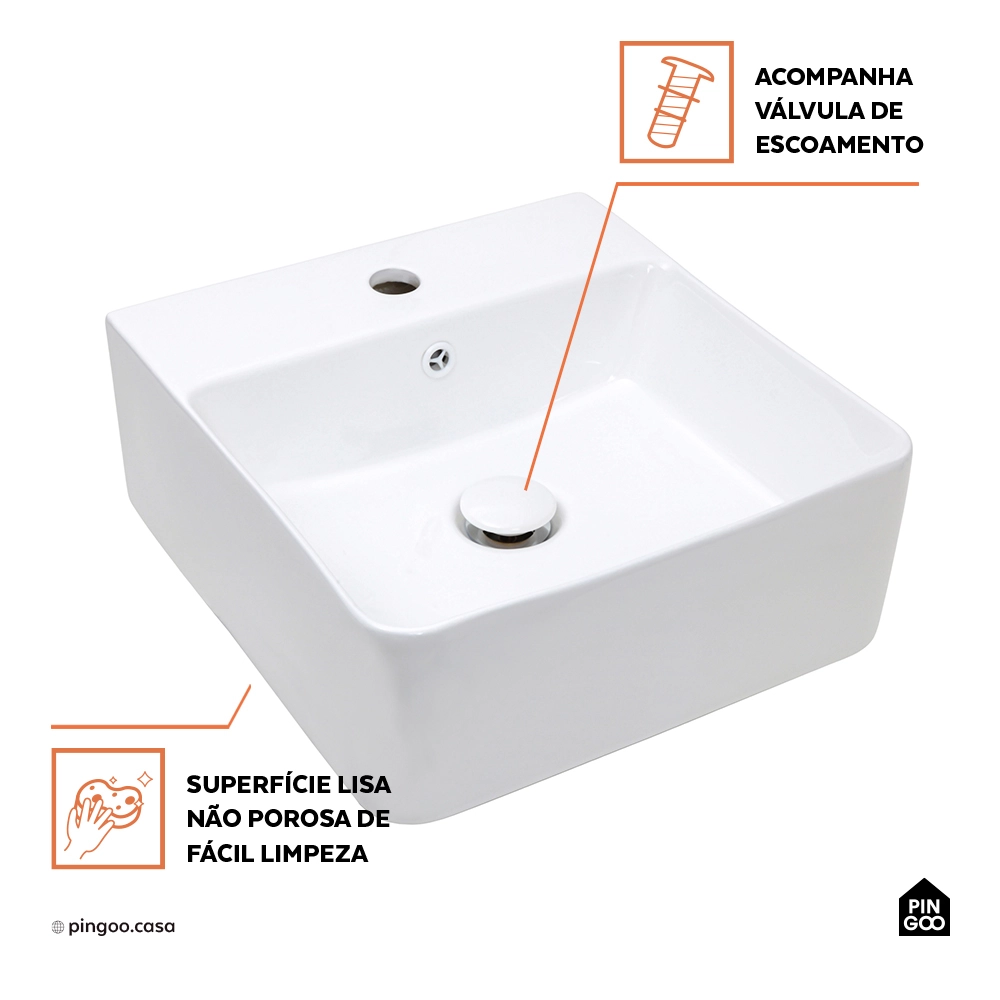 Cuba de Apoio para Banheiro Quadrada Louça Cerâmica Ágata Pingoo.casa - Branco
