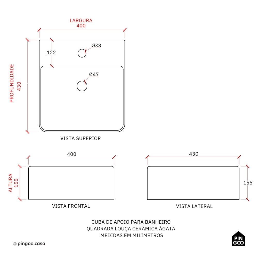 Cuba de Apoio para Banheiro Quadrada Louça Cerâmica Ágata Pingoo.casa - Branco