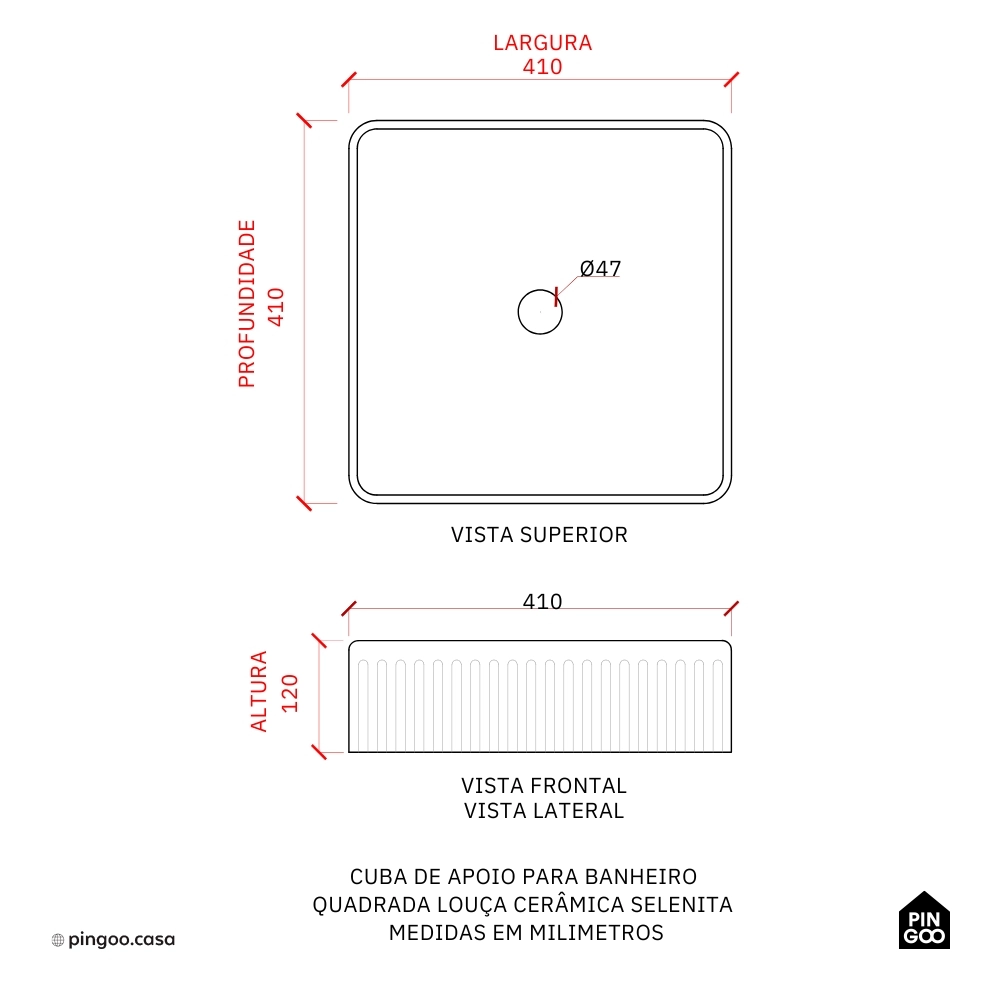 Cuba de Apoio para Banheiro Quadrada Louça Cerâmica Selenita - Branco