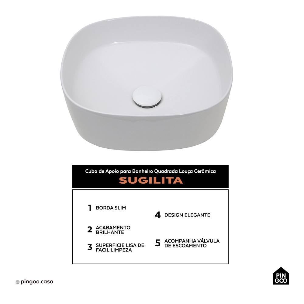 Cuba de Apoio para Banheiro Quadrada Louça Cerâmica Sugilita - Branco