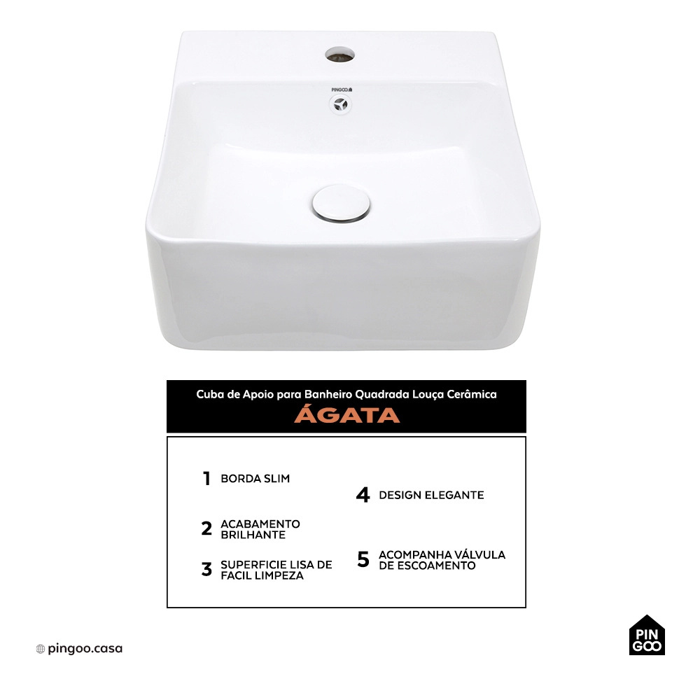 Cuba de Apoio para Banheiro Quadrada Louça Cerâmica Ágata Pingoo.casa - Branco Cuba de Apoio para Banheiro Quadrada Louça Cerâmica Ágata Pingoo.casa - Branco