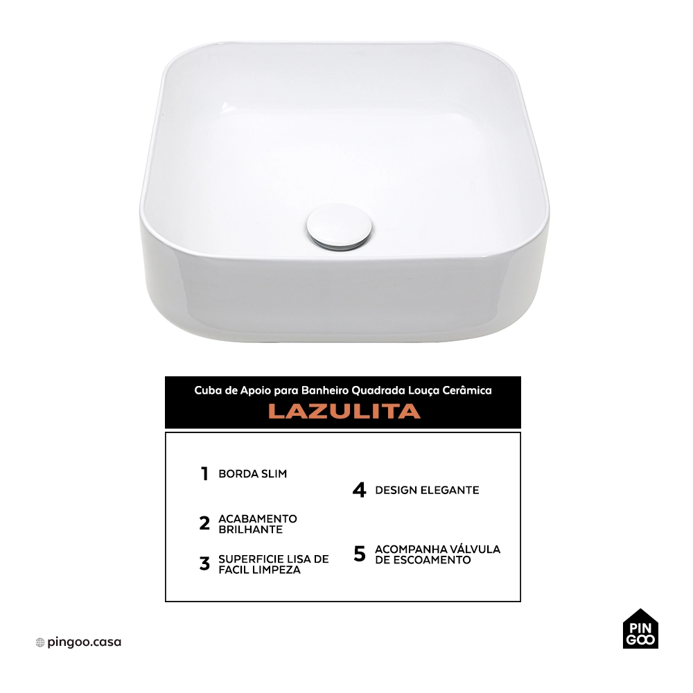 Cuba de Apoio para Banheiro Quadrada Louça Cerâmica Lazulita Pingoo.casa - Branco