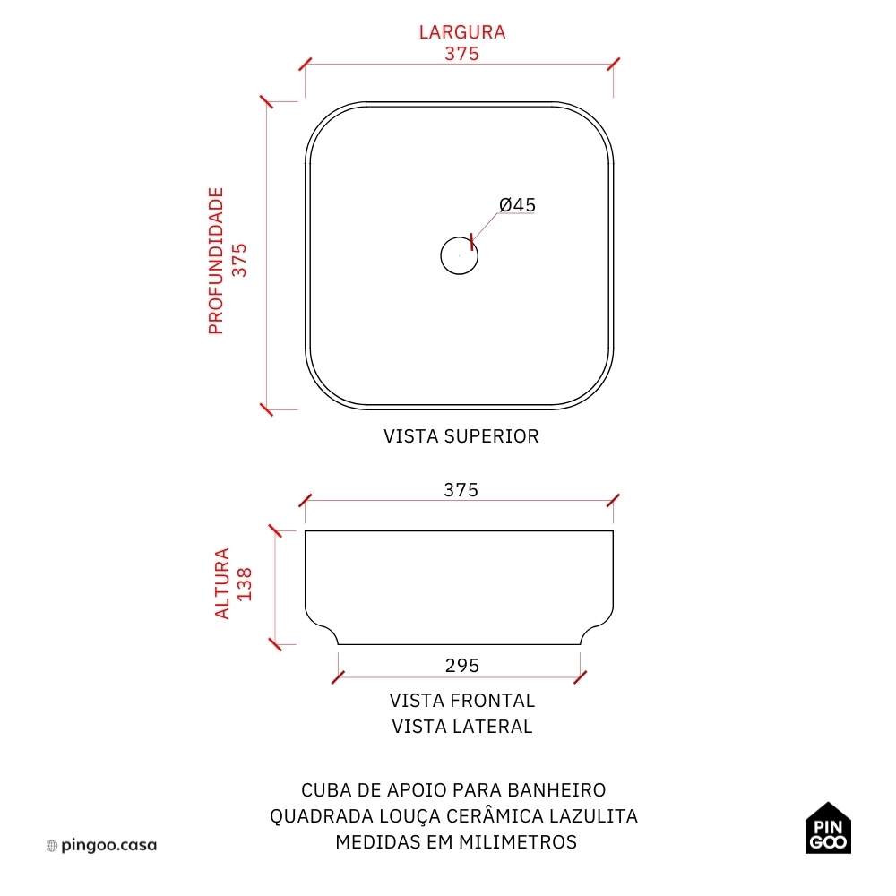 Cuba de Apoio para Banheiro Quadrada Louça Cerâmica Lazulita Pingoo.casa - Branco