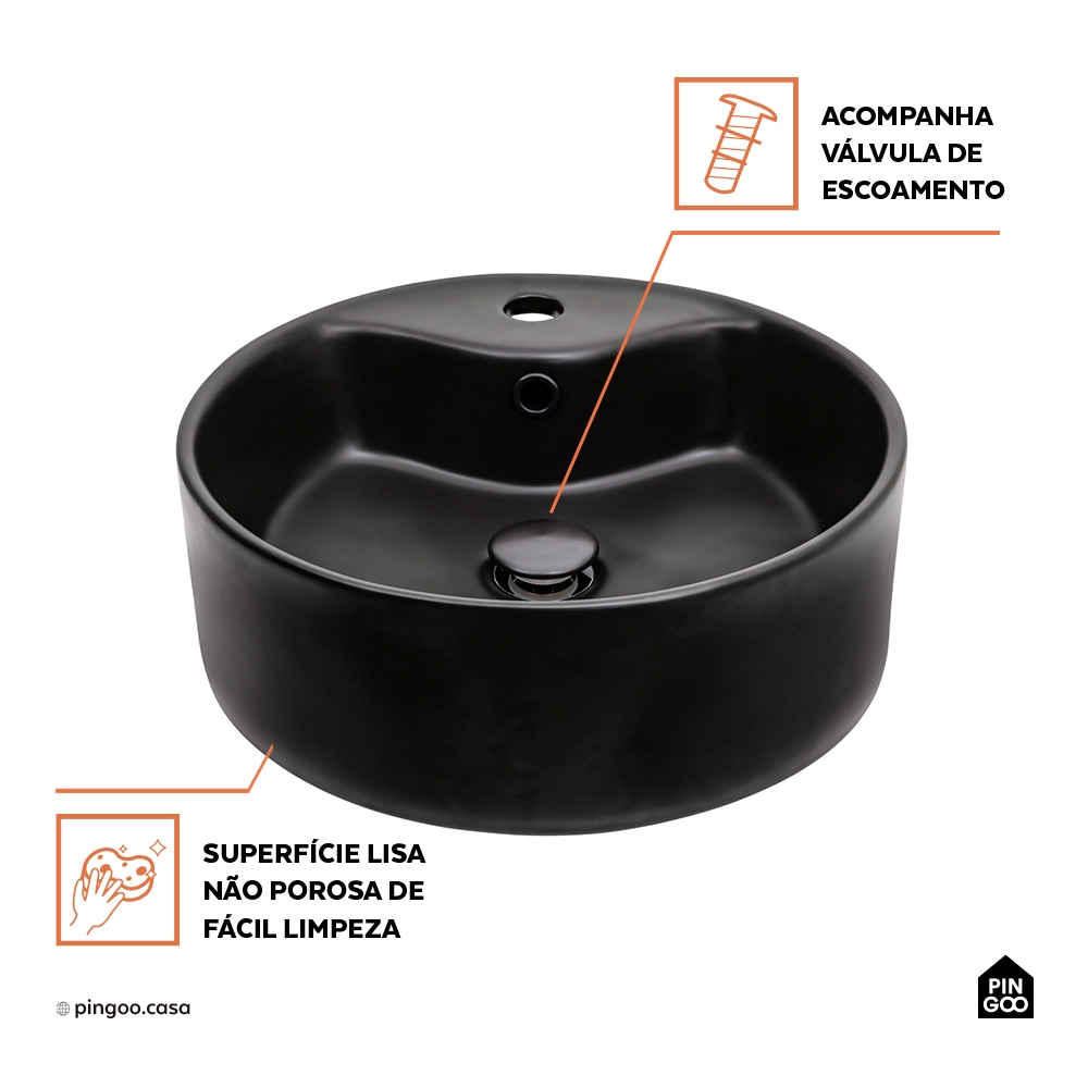 Cuba de Apoio para Banheiro Redonda Louça Cerâmica Ametista Pingoo.casa - Preto