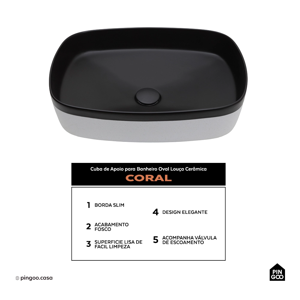 Cuba de Apoio para Banheiro Retangular Louça Cerâmica Coral - Preto e Branco