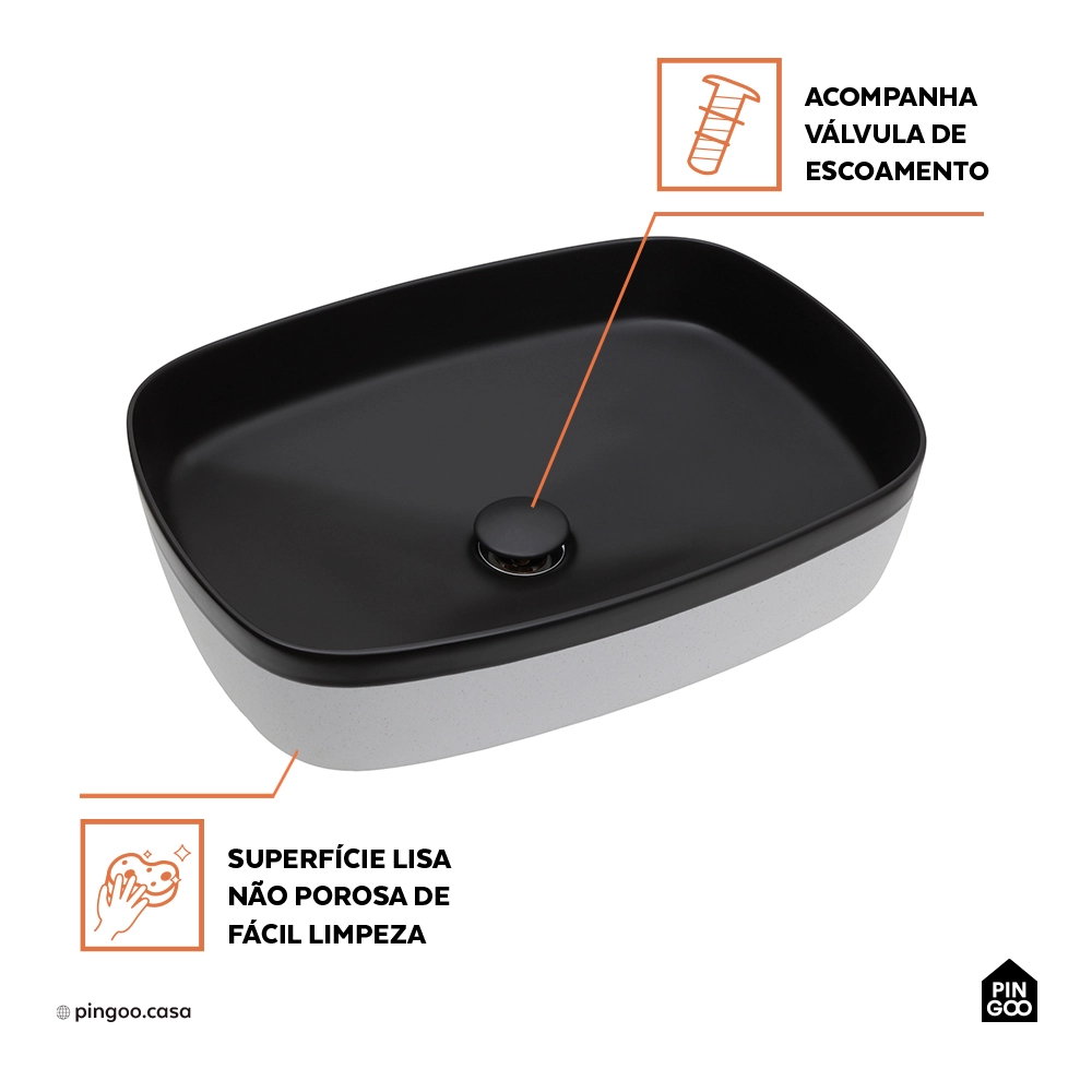 Cuba de Apoio para Banheiro Retangular Louça Cerâmica Coral - Preto e Branco