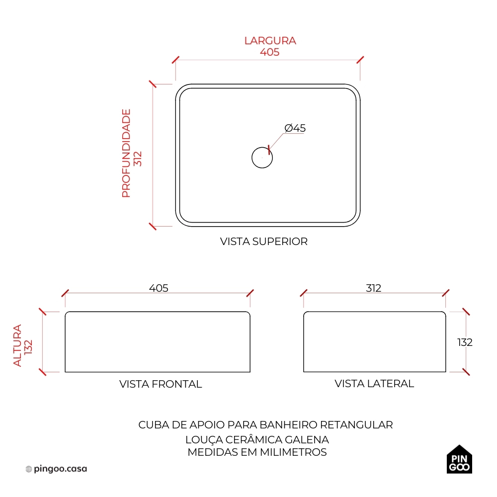 Cuba de Apoio para Banheiro Retangular Louça Cerâmica Galena - Branco