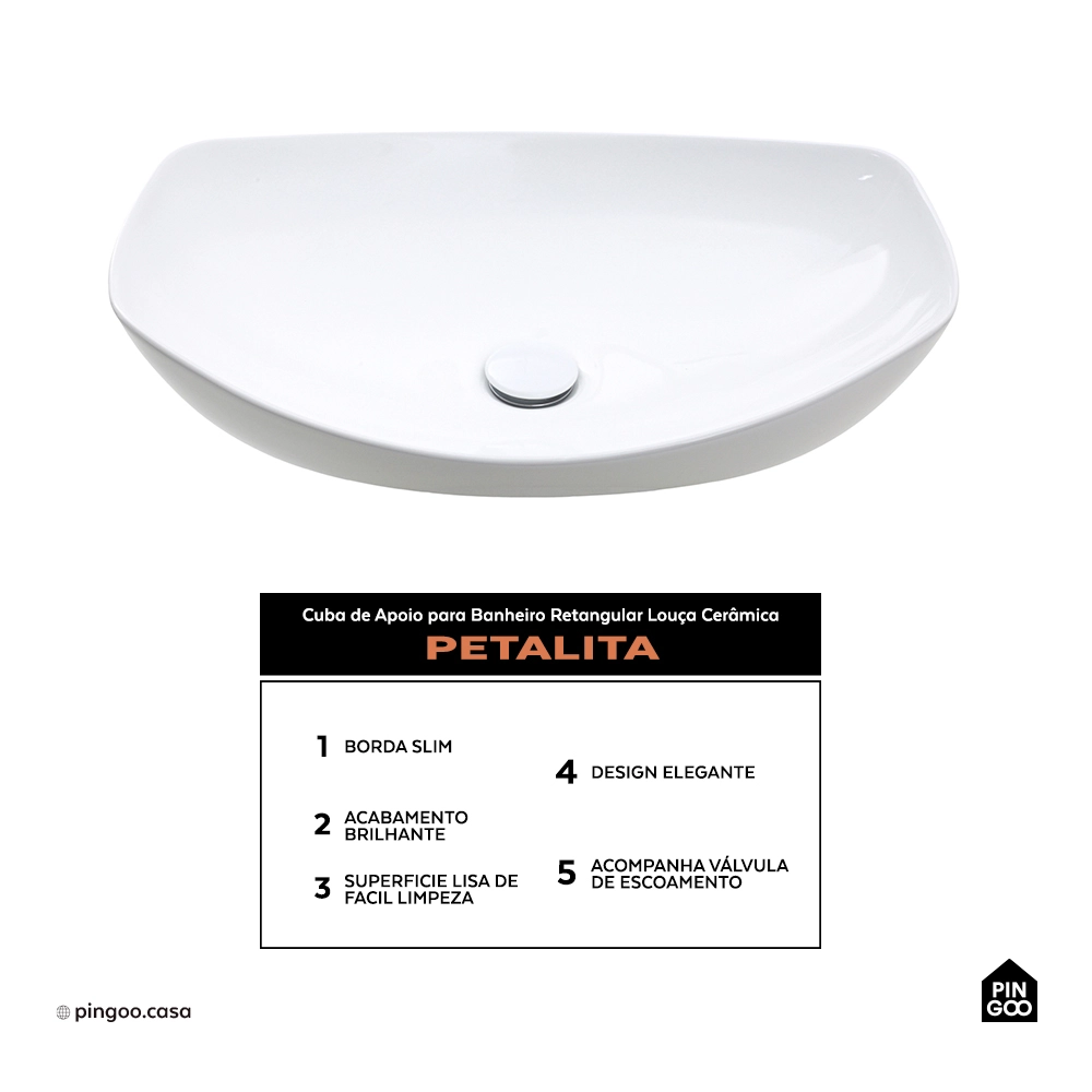 Cuba de Apoio para Banheiro Retangular Louça Cerâmica Petalita - Branco