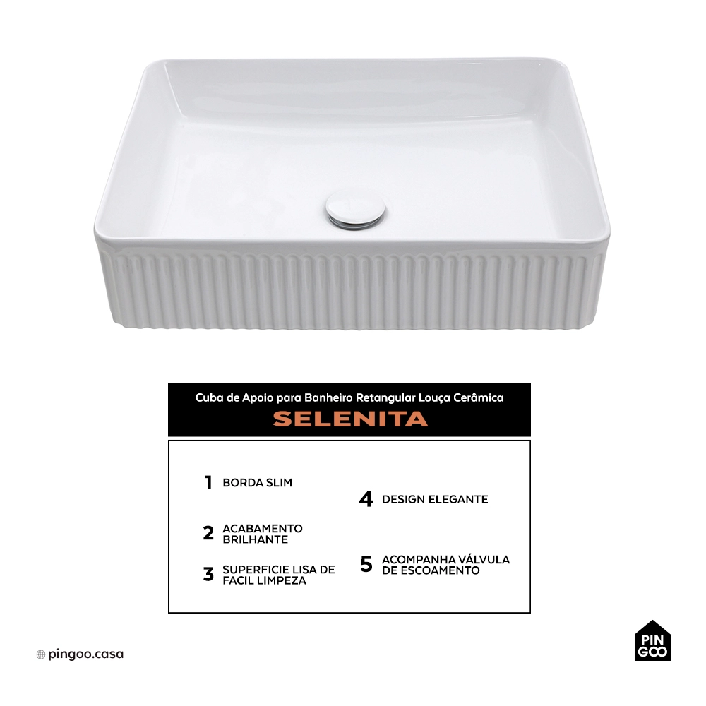 Cuba de Apoio para Banheiro Retangular Louça Cerâmica Selenita - Branco