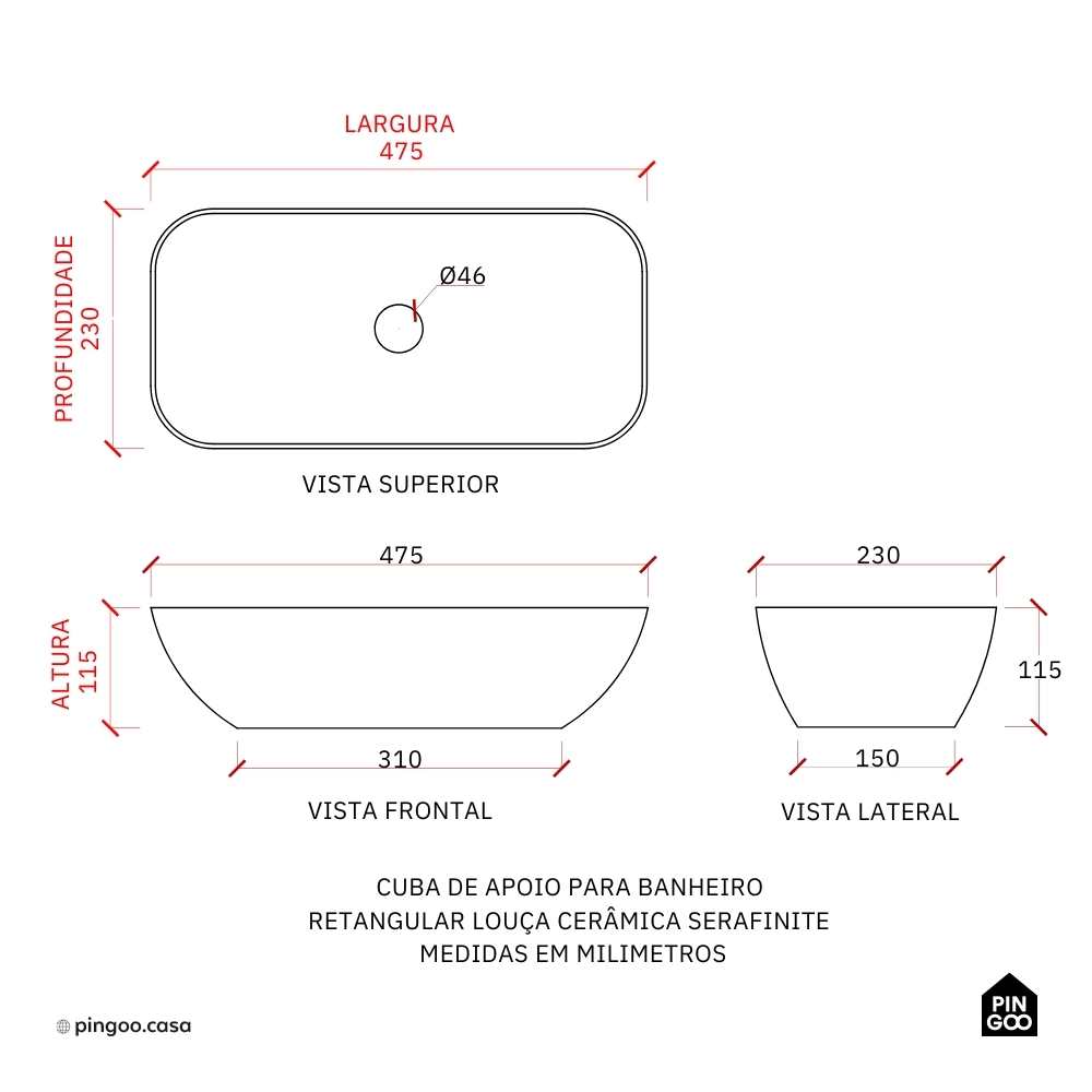Cuba de Apoio para Banheiro Retangular Louça Cerâmica Serafinite - Branco