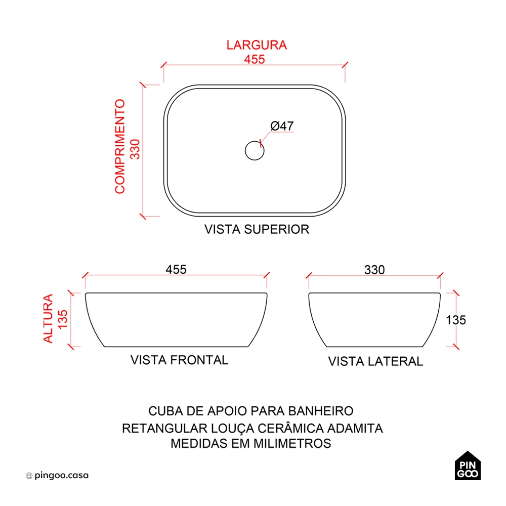 Cuba de Apoio para Banheiro Retangular Louça Cerâmica Adamita Pingoo.casa - Branco