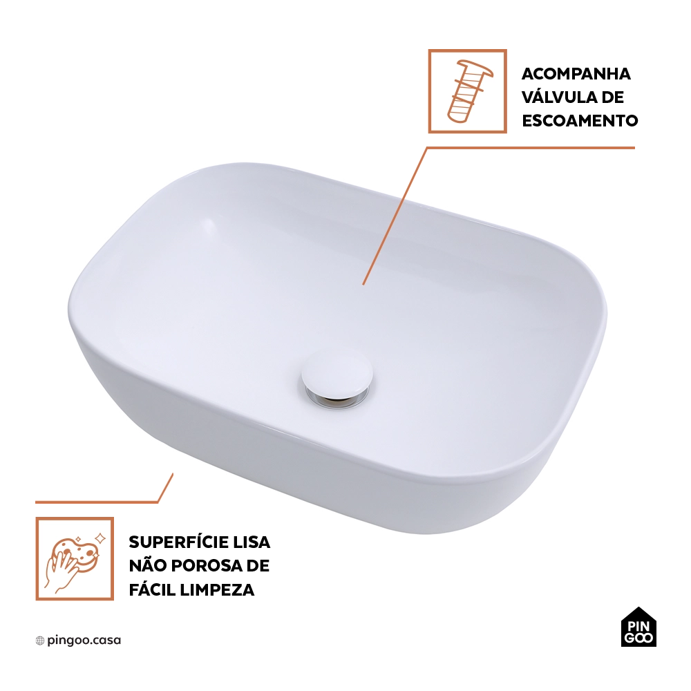 Cuba de Apoio para Banheiro Retangular Louça Cerâmica Adamita Pingoo.casa - Branco