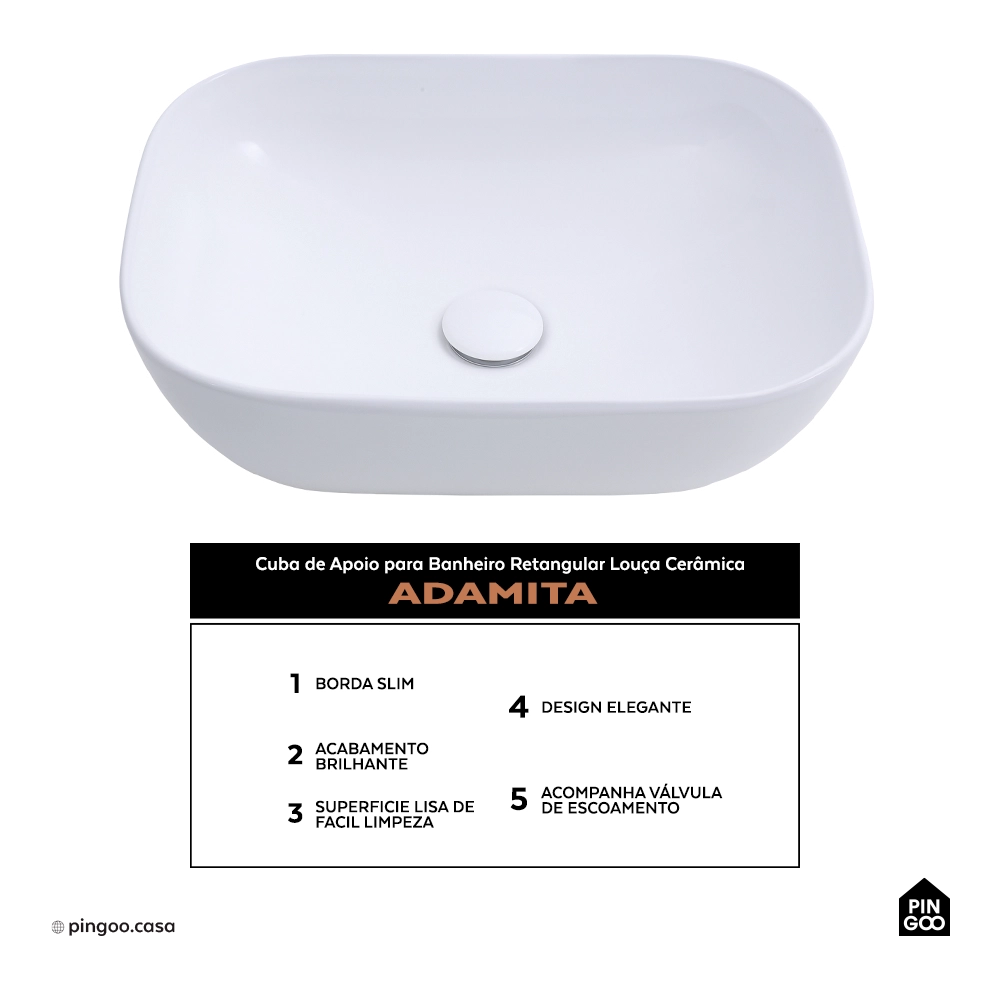 Cuba de Apoio para Banheiro Retangular Louça Cerâmica Adamita Pingoo.casa - Branco