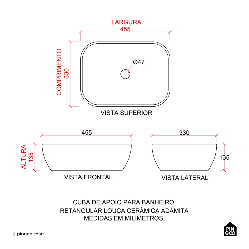 Cuba de Apoio para Banheiro Retangular Louça Cerâmica Adamita Pingoo.casa - Branco