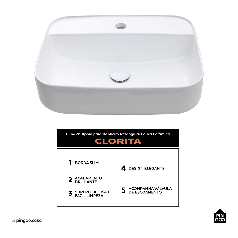 Cuba de Apoio para Banheiro Retangular Louça Cerâmica Clorita Pingoo.casa - Branco