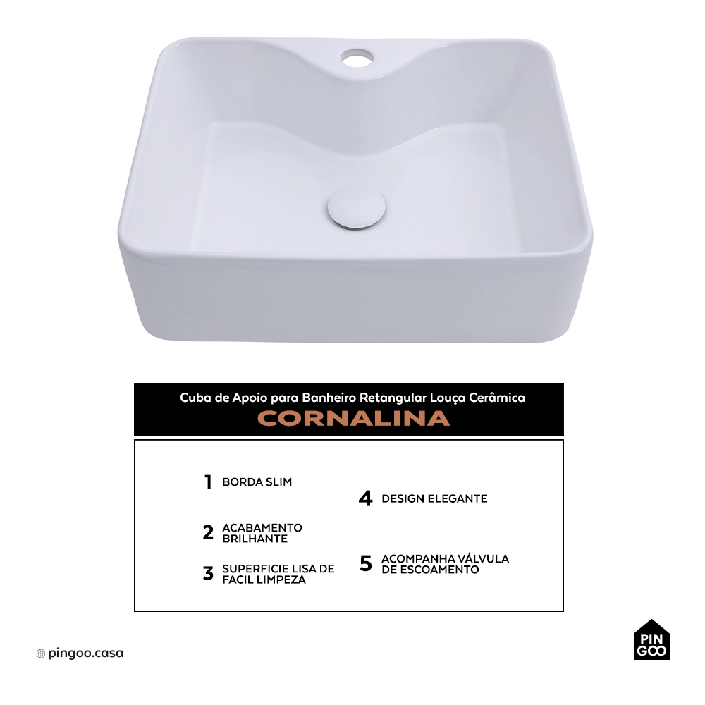 Cuba de Apoio para Banheiro Retangular Louça Cerâmica Cornalina Pingoo.casa - Branco